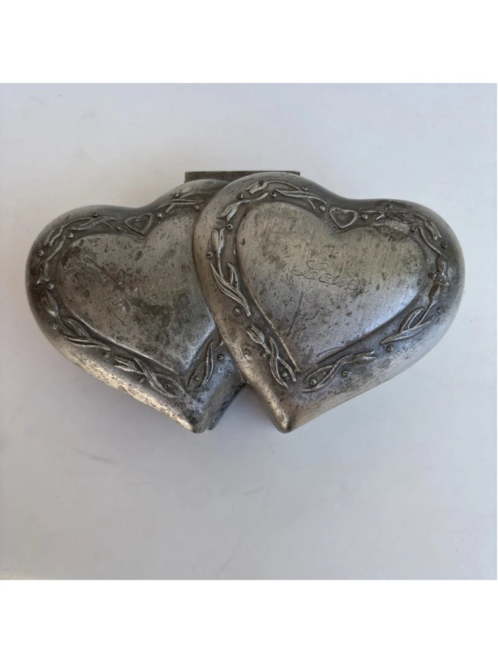 Vntg Silver Plated Double Heart blueVelvet Lined Trinket music Box Silver Art